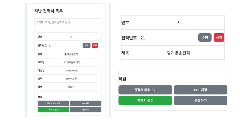 견적서 목록의 다양한 작업 버튼